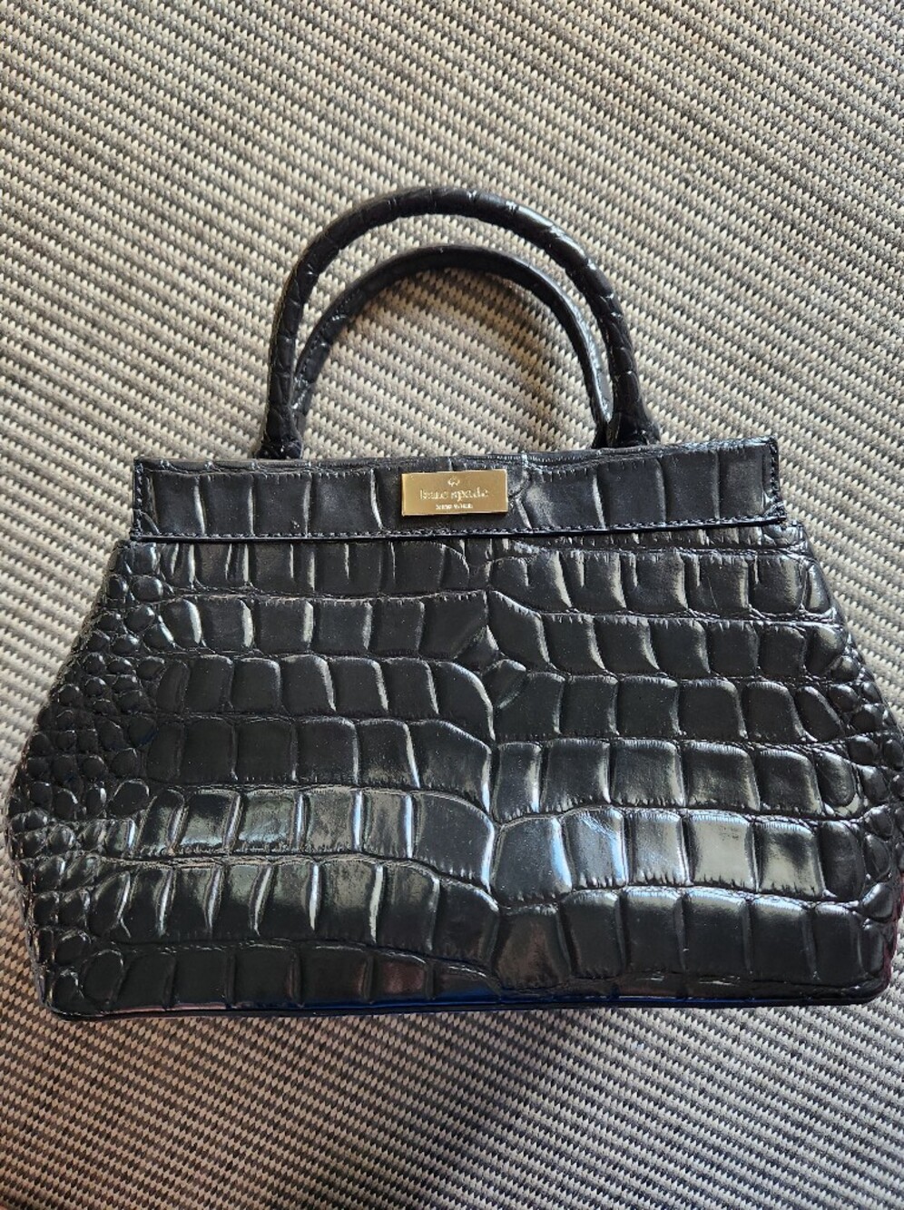 Kate Spade Black Croc Embossed Leather Satchel Top Handle Bag Gold Plaque